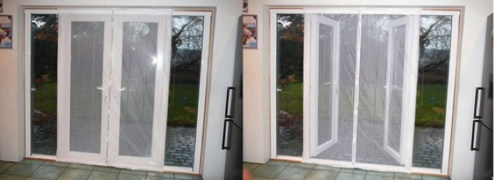 Magnetic flyscreen in position with patio doors open and closed